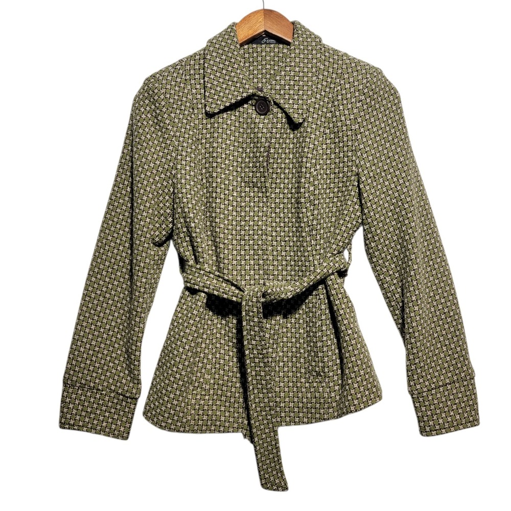 Essentials By Milano Women Small Wool Blend Blazer Jacket Green Brown Belt‎ Tie